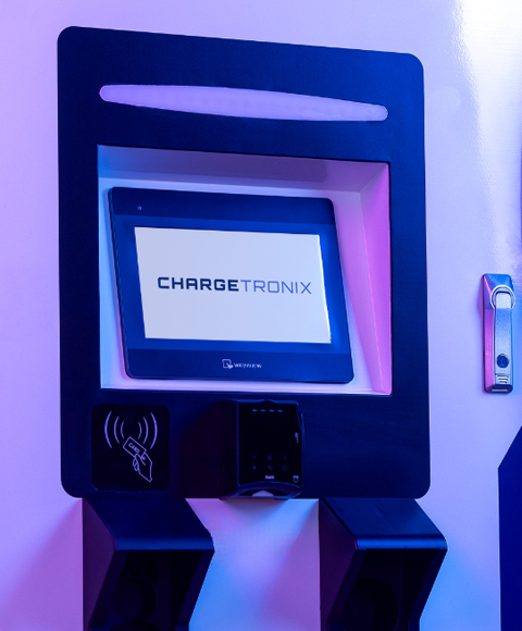An electric vehicle charger screen with the words "ChargeTronix" displayed