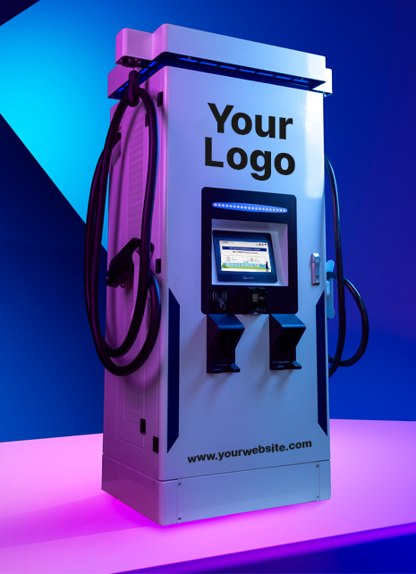 EV Charger with large text above the screen reading, "Your Logo". Text at the bottom of the charger reading "www.yourwebsite.com". The screen is on and the lights are on. Blue and purple/pink lights shining on the charger