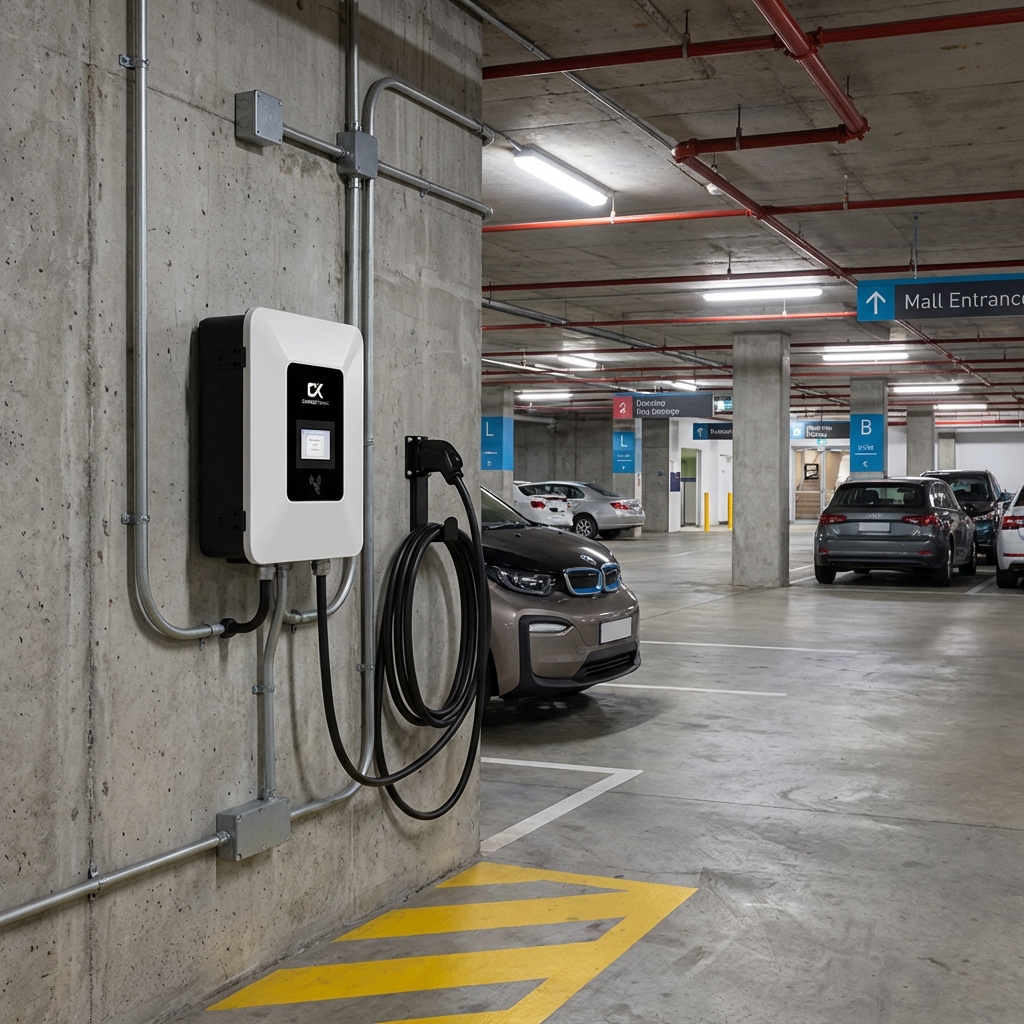 ChargeTronix V2G EV charger in mall parking garage