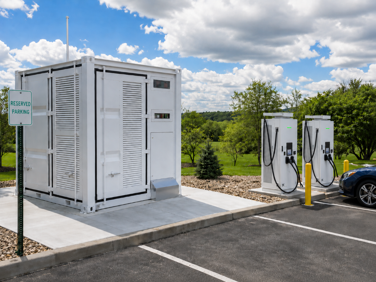 Battery-backed EV charging installation with BESS enclosure and DC fast chargers at a commercial site