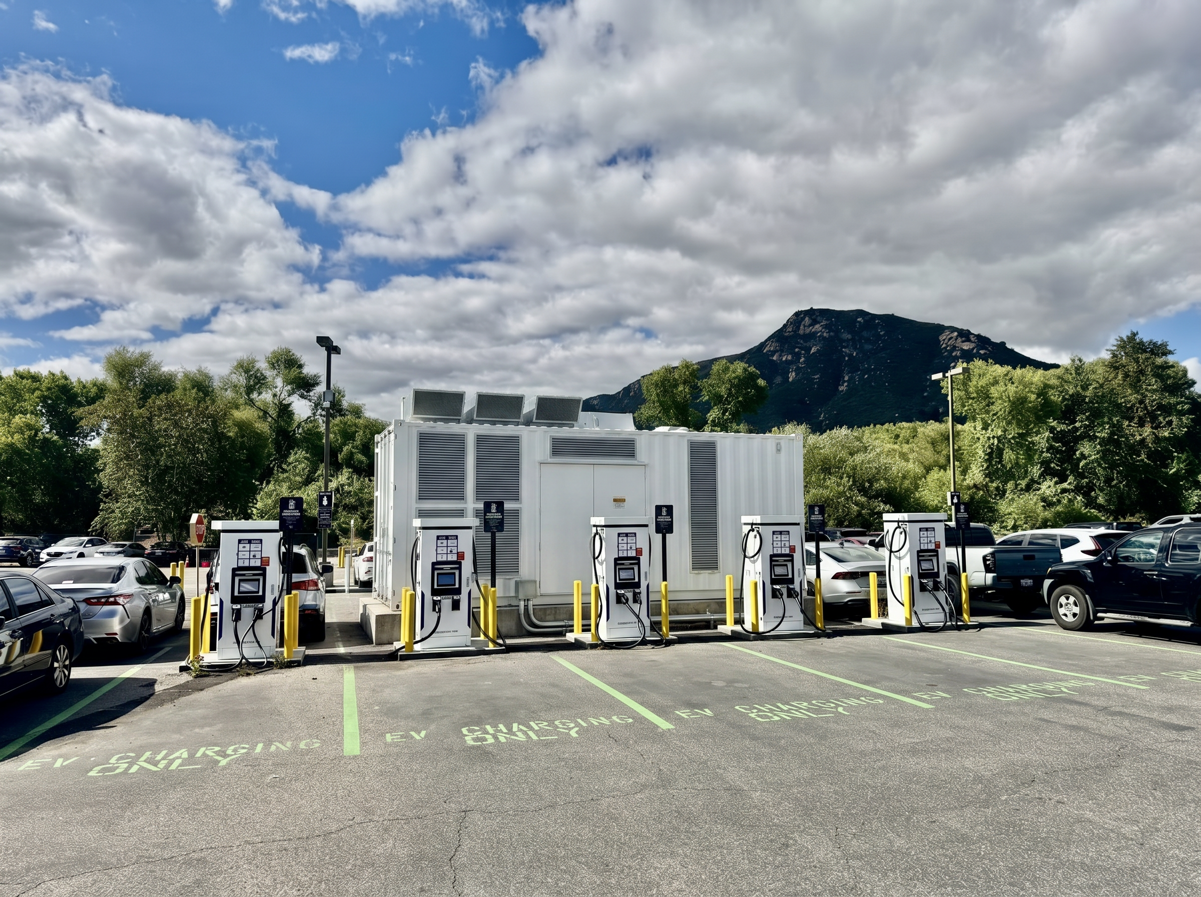 Battery-backed EV charging site with DC fast chargers and BESS enclosure
