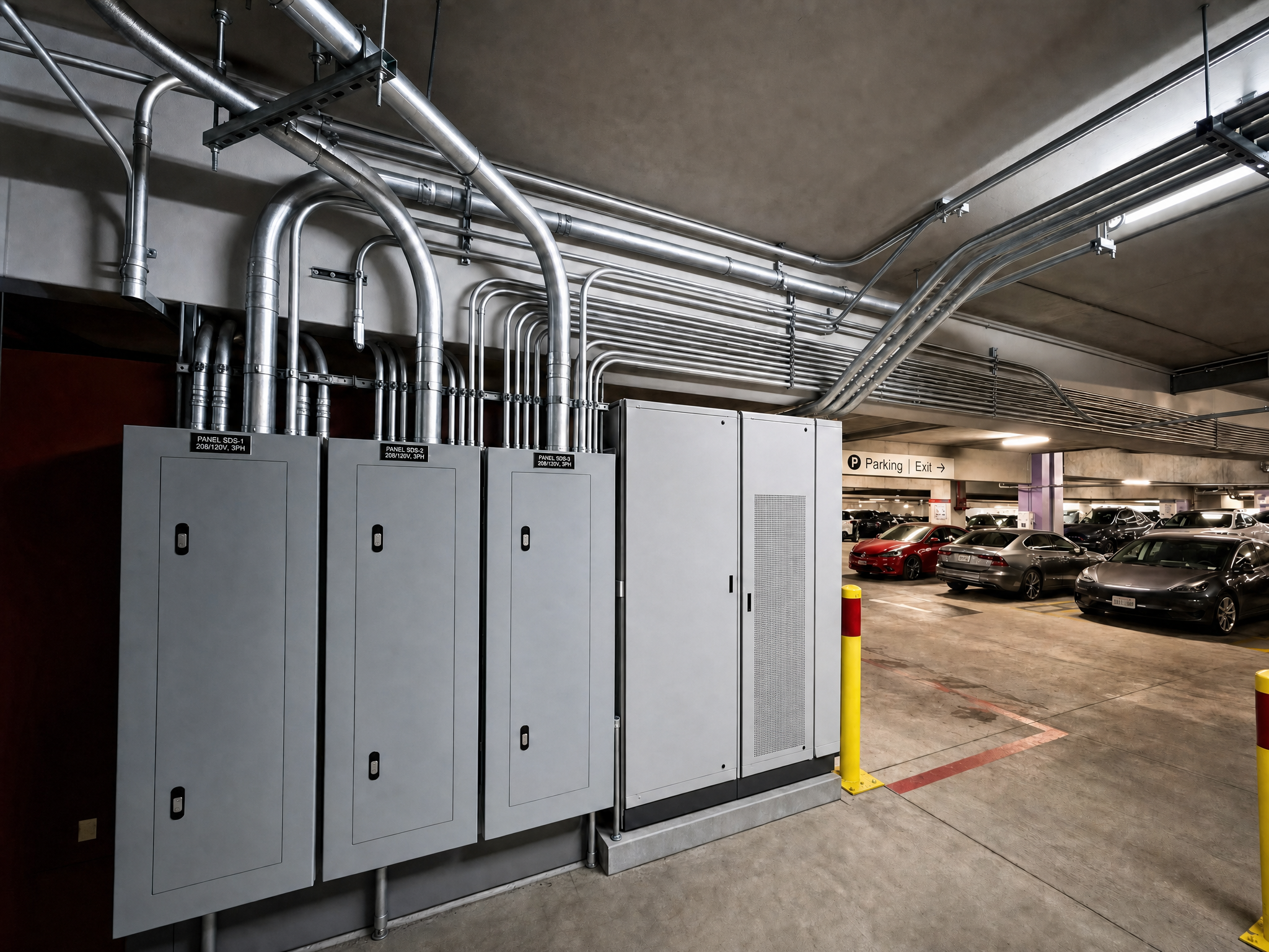 Electrical infrastructure and BESS panels in a parking garage supporting EV charging